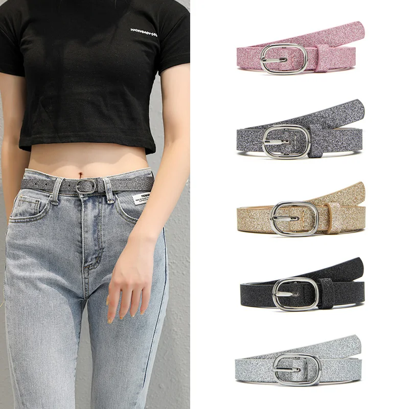 New Personality Fashion Shiny Sequins Women Belt Luxury Designer PU Fluorescence Thin Belts Jeans Dress Trouser Casual Waistband