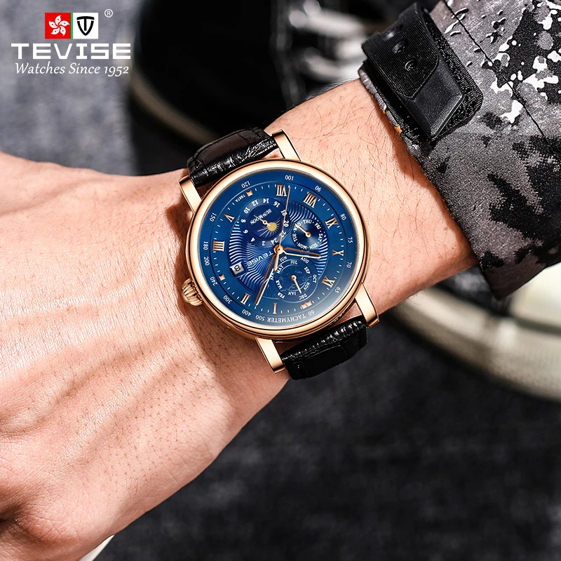 TEVISE T867A Automatic Mechanical Watch Man Date Week Month Display Waterproof Leather Strap Zirconium Drill Embellishment Male