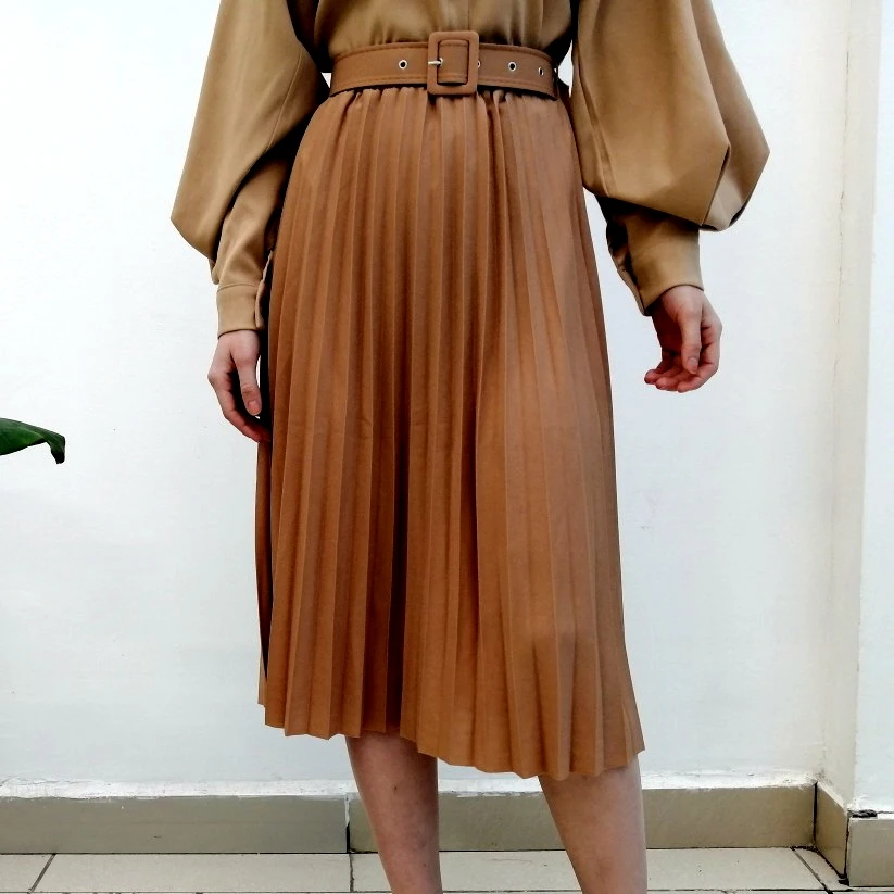 High Waist Women Skirt Casual Vintage Solid Belted Pleated Midi Skirts Lady 19 Colors Fashion Simple Saia Mujer Faldas