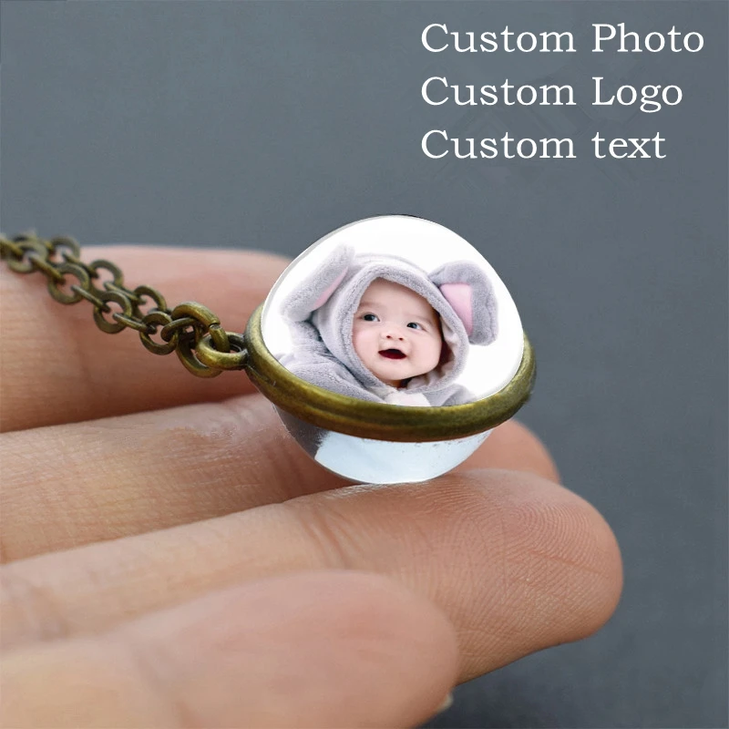 

Custom Photo double sided Glass Ball Necklace DIY Pendant Jewelry Family Photo Logo text Personalized Gifts