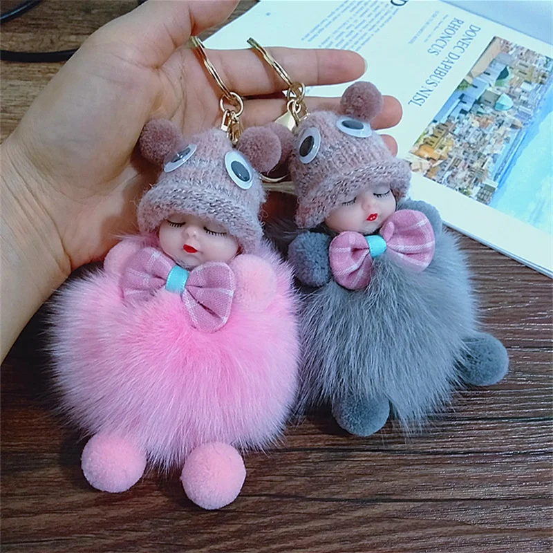 New Cute Mini Sleeping Doll Key Chain Female Bag Toy Key Ring Fluffy Pompom Artificial Plush Key Chain Female Bag Pendant