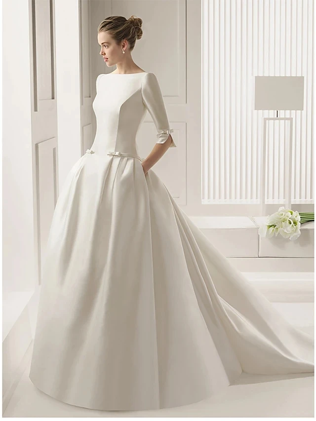 Elegante Satijnen Trouwjurk Met Bow Bateau Hals Hof Trein Half Sleeve Backless Plus Size Bruidsjurk Robe Mariage