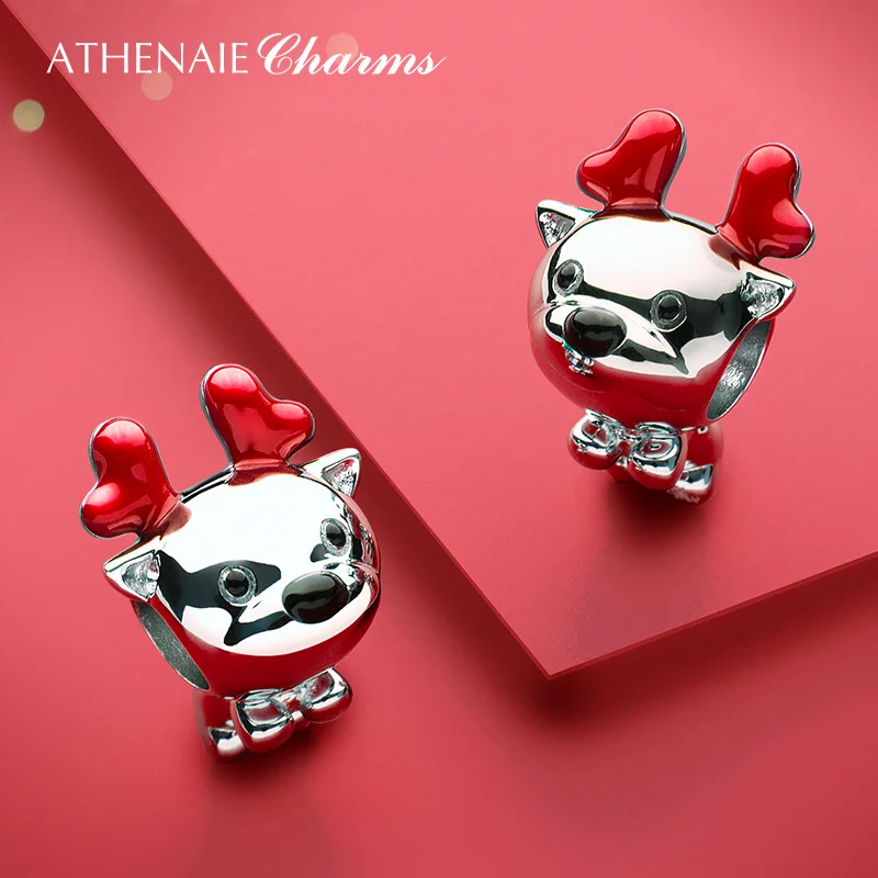 ATHENAIE 925 Sterling Silver Cute Red Antlers Reindeer Charm for Bracelet Necklace DIY Jewelry Christmas Gift