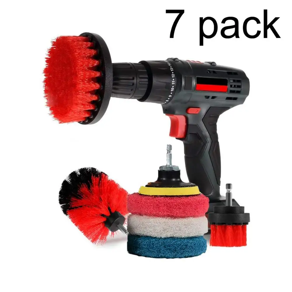 Car Cleaning Red 7 pack Cleaning Brush And Pad Bundle Set - High Performance Accessory Drill Attachments