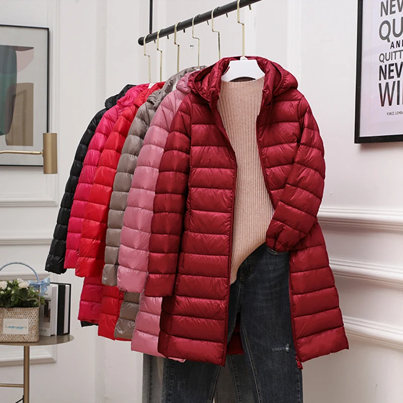 Casaco de inverno com capuz destacável para mulheres, jaqueta ultraleve Puffer Down, casaco de penas longas, portátil, feminino, 0-10 ℃, 2024