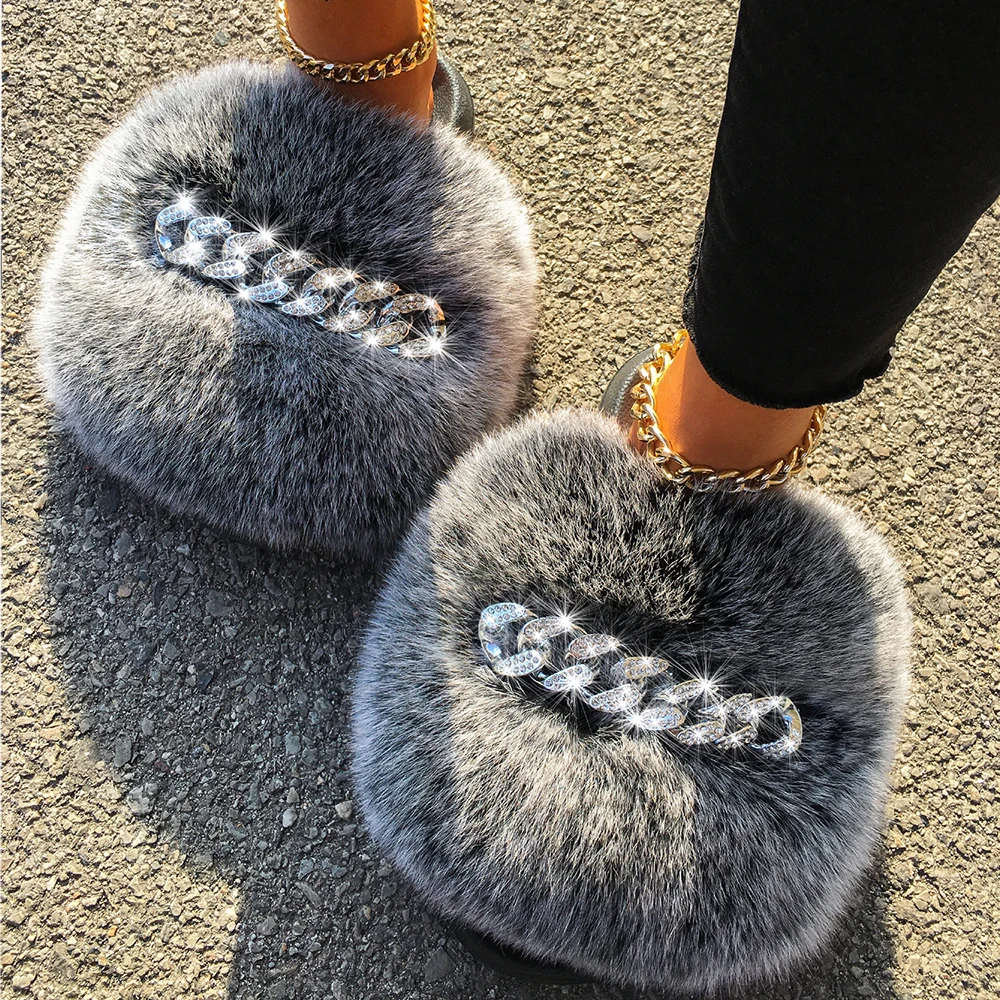 Furry Fur Slippers Fluffy Flip Flops Diamond Chain Real Fox Raccoon Fur Slides Women Summer Sandals House Slippers Beach Shoes