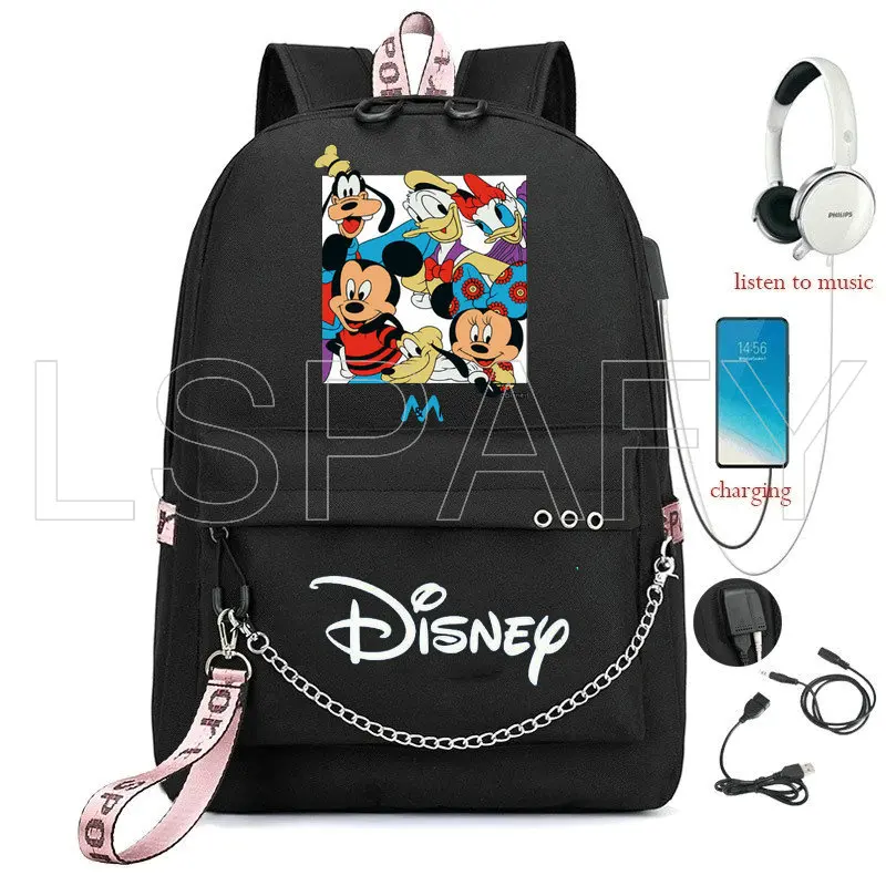 Disney Mickey Mouse plecak z ładowarką USB dziewczęcy tornister mężczyźni kobiety plecak tornister nastolatki codzienny plecak łańcuchowy