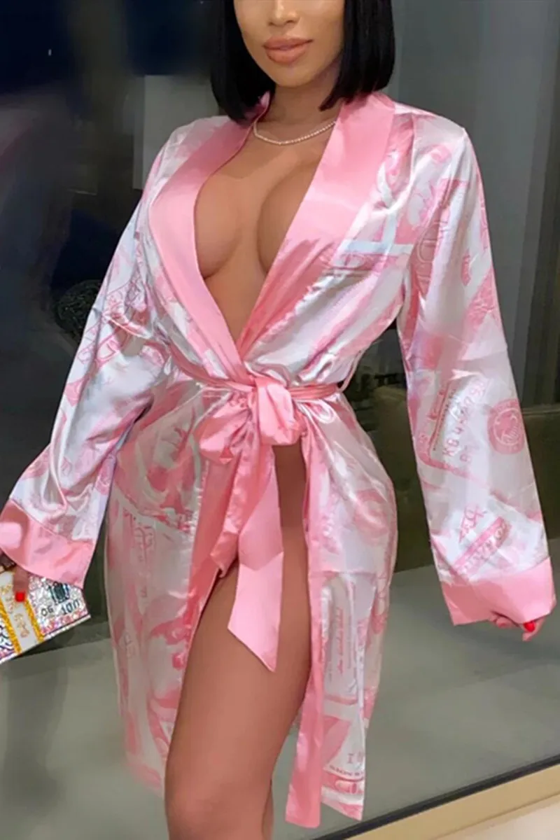 New Fashion Women Ladies Satin Silk Robes Trendy Dollar Print Long Sleeve Silky Kimono Bathrobe Sleepwear with Belt