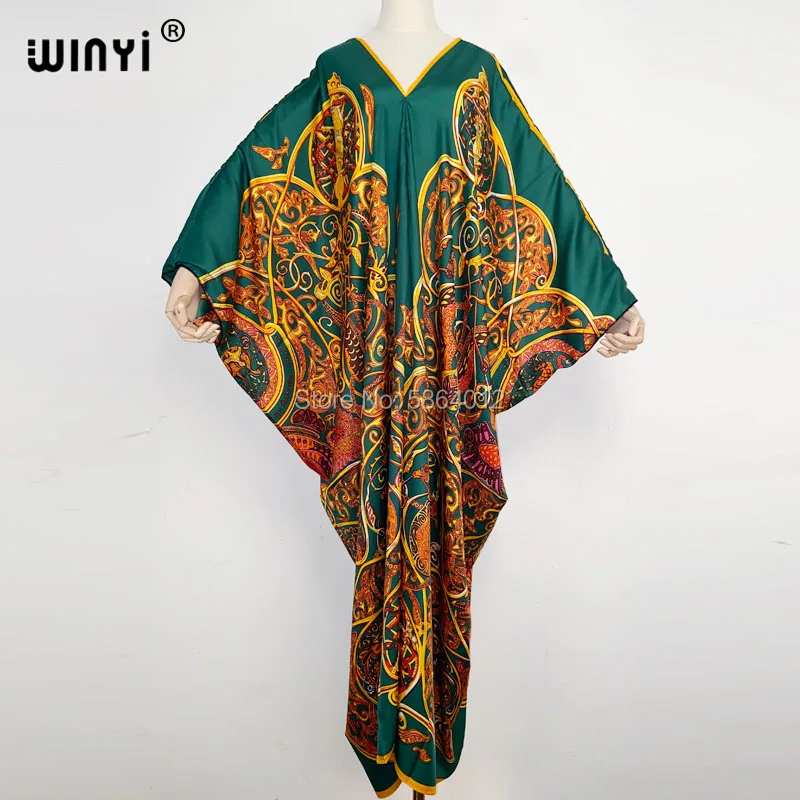 2021 WINYI New Fashion Bohemian V-neck Floral ropa europea For Lady Free Size Loose Batwing Holiday Beach Party Caftan Dress