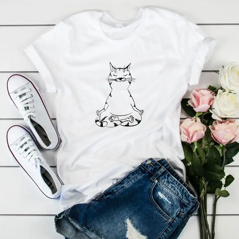 Meditation Cat yoga poses t-shirt  Mother Plus Size Letters Women T-shirts 90s 100% Cotton O Neck Short Sleeve Top Tees Girls