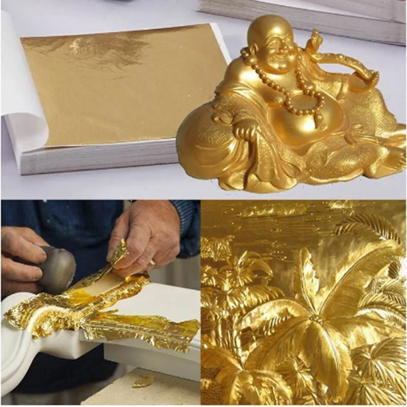 100Pcs 8*8.5cm Sheets Imitation Gold Foil Leaf Gilding for Food Cake Decor Funiture Lines Wall Crafts Eatable Gold Sliver Paper