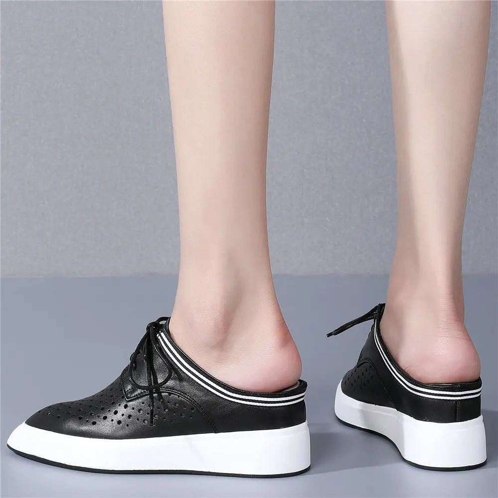 Fashion Sneakers Women Genuine Leather Wedges High Heel Slides Female Lace Up Pointed Toe Roman Sandals Summer Outdoor Slippers