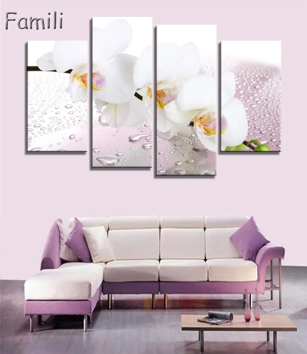 4pcs Print poster canvas Wall Art pink orchids Decoration art oil painting Modular pictures on the wall sitting room(no frame)