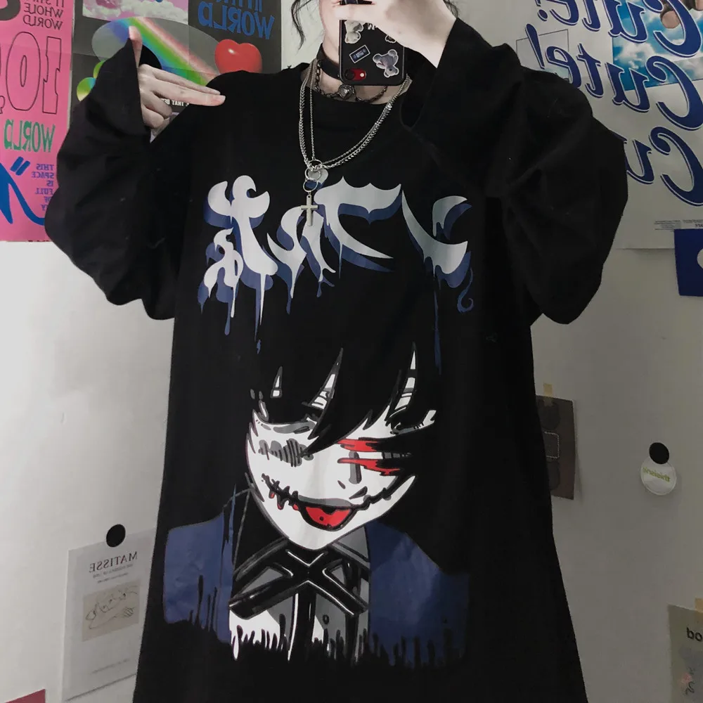 Anime Clothes Kakegurui T-Shirt Jabami Yumeko Top Dark Emo Harajuku Tshirt Women Long Sleeve Loose Men Tees Y2k Graphic Tee