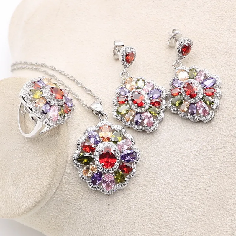 2021 High Quality Silver 925 Multi Cubic Zirconia Jewelry Sets For Women Necklace Ring Pendant Bracelets Gift Box