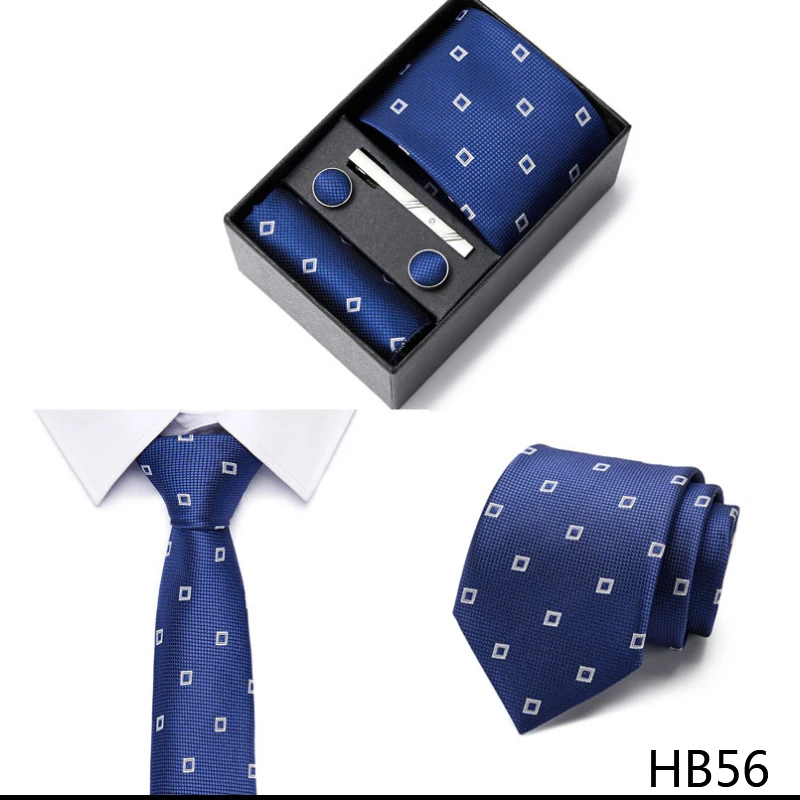 2023 neue Stil Hochzeit Geschenk Krawatte Für Männer Krawatte Box Anzug Zubehör Solide Blaue Krawatte Einstecktücher Manschettenknopf Set – Detail 20