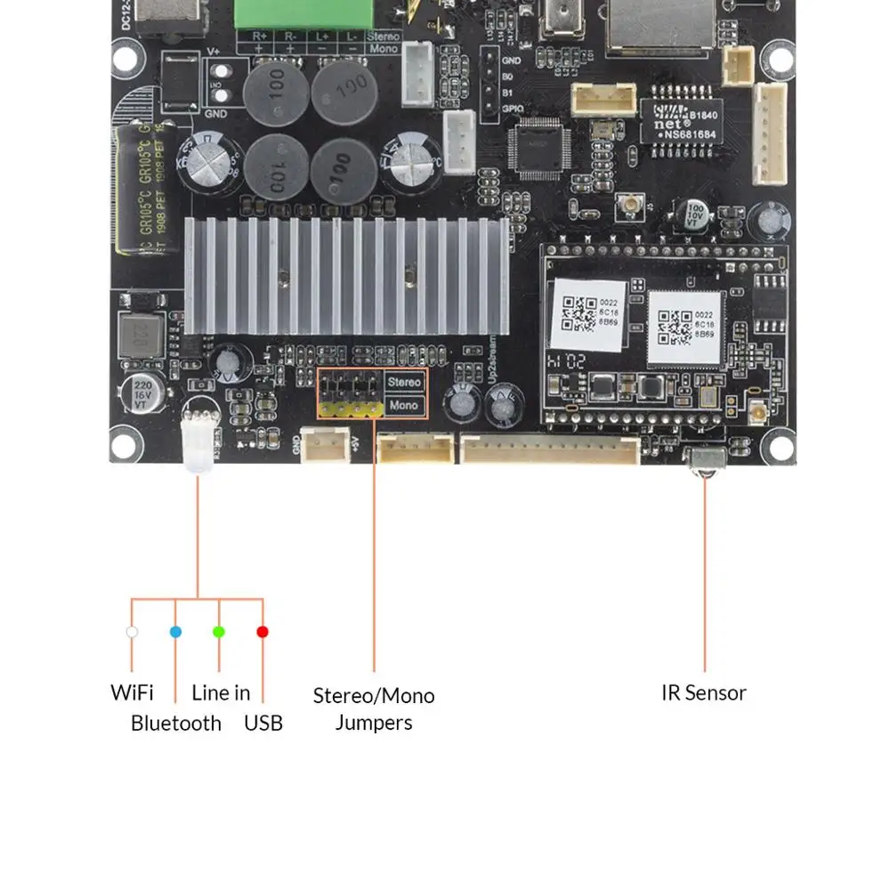 Up2Stream Amp V4 WiFi & Bluetooth 5.0 Stereo Amplifier Board 50W*2 DC 12-24V Multiroom Wireless Streaming Stereo Board