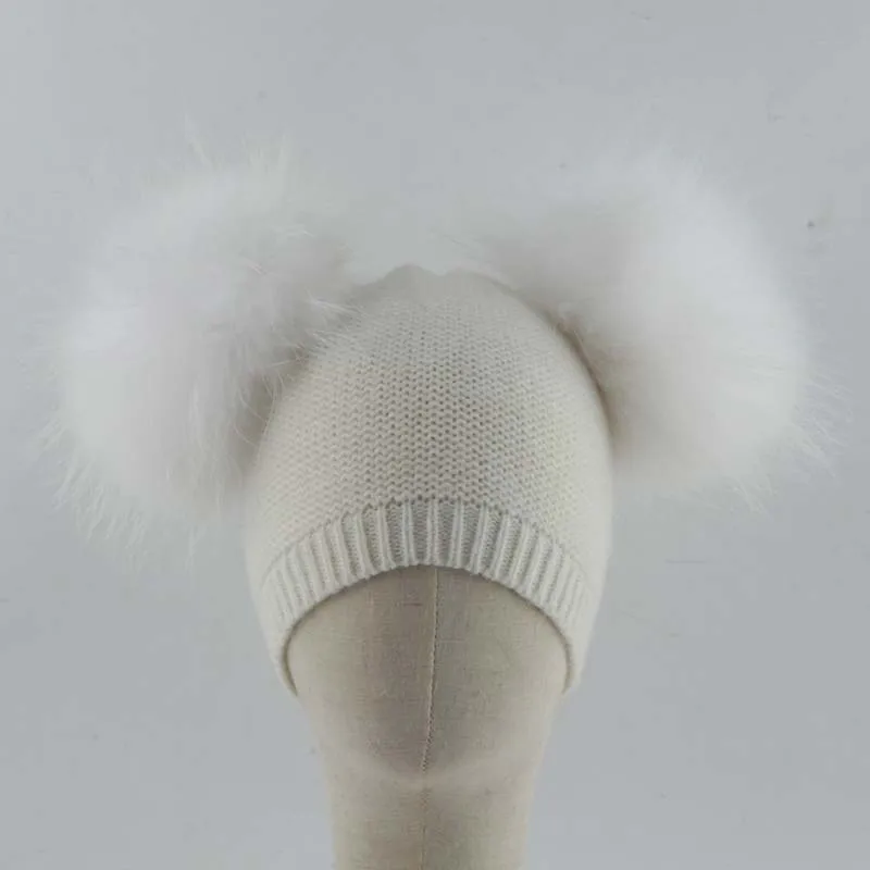 Winter Wool Hat For Kids Baby Double Pompones Skullies Beanies Real Fur Pompom Hat Boy Girls Warm Knitted Beanie Cap