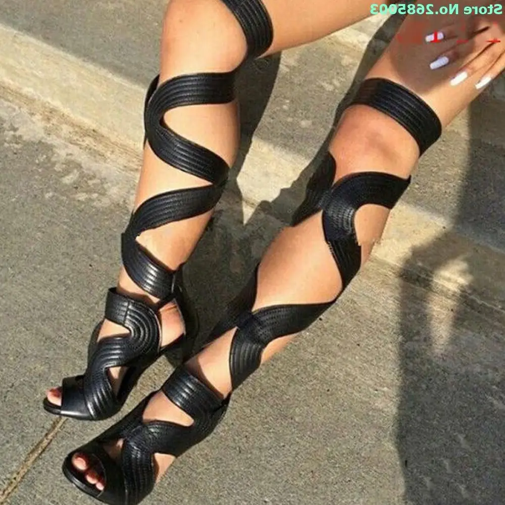 Ladies Snake Leather Over The Knee Boots Sexy High Heel Wide Wrinkle Strappy Females Black Long Sandal Boots