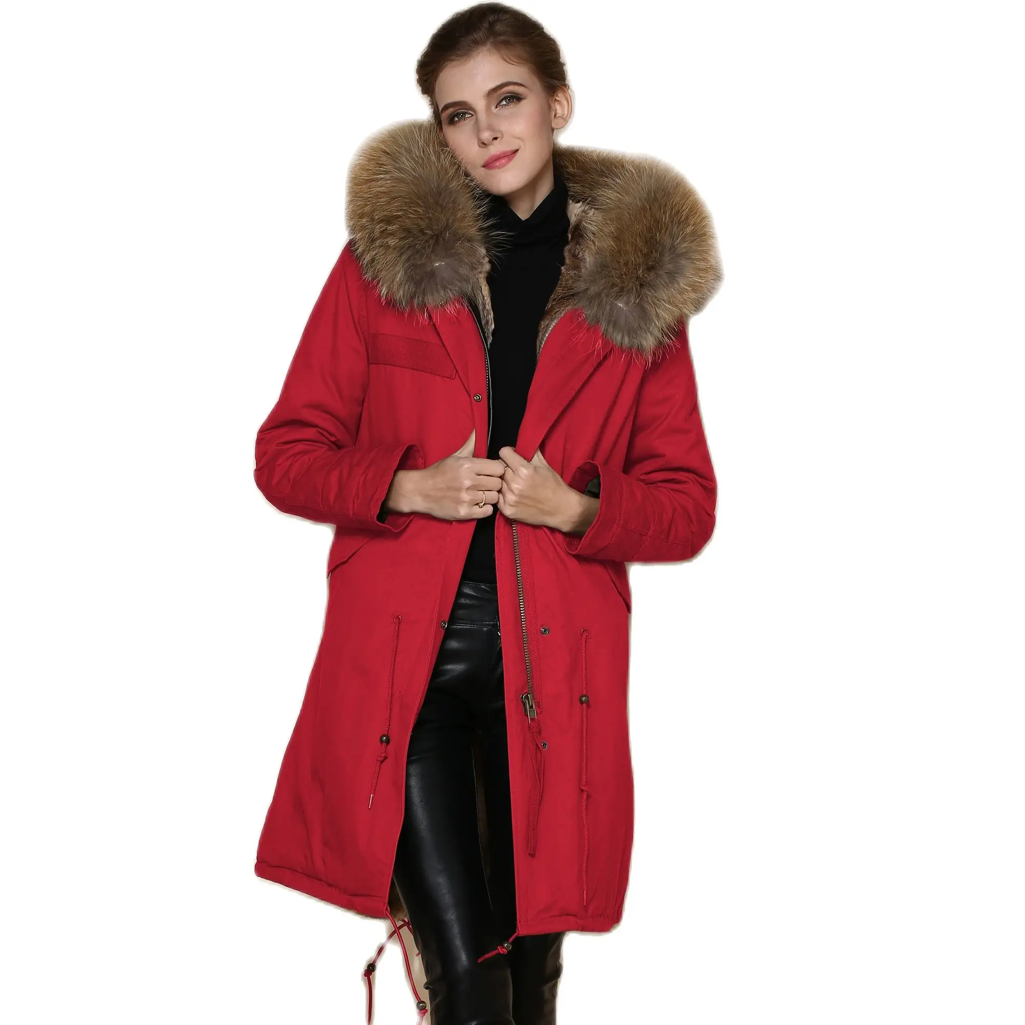 Reversible Long Women Parka Plus Size Fur Coat Collar Detachable With Faux Rex Rabbit Fur Garment