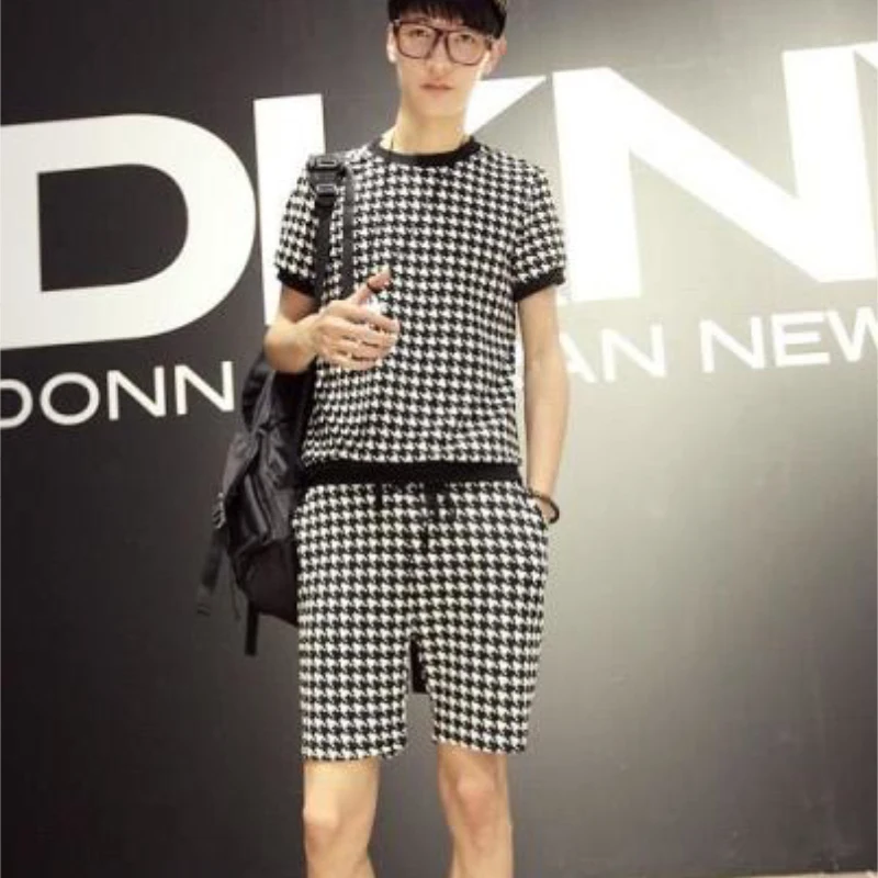 

IKKB Houndstooth Men's Short Sleeve T-shirt Set Shorts Set Net Red Set Two-piece Men's Trendy Social People