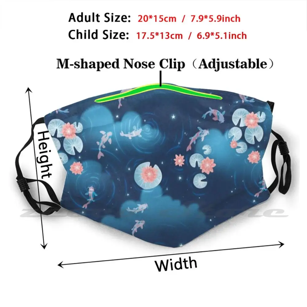 Koi Pond-Night Washable Trending maschera filtrante Pm2.5 personalizzata Koi Fish Koi Carp Pond nuvole notturne gigli sognanti ninfee