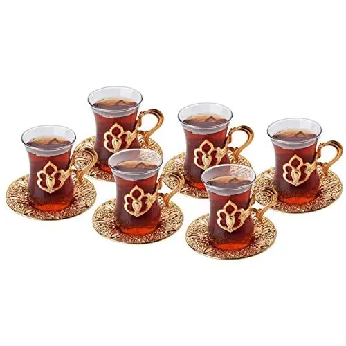 LaModaHome Turkish Arabic Tea of Glasses Set of 6 with Gold Holders and Saucers - Fancy Vintage Handmade Set, glass Tea Cup, Gift,