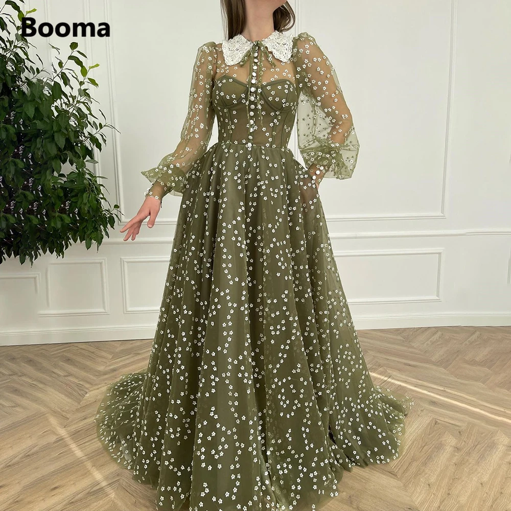 Booma-vestidos de tul de margaritas verdes, manga larga abotonada, con bolsillos, para fiesta de boda, novedad de 2022