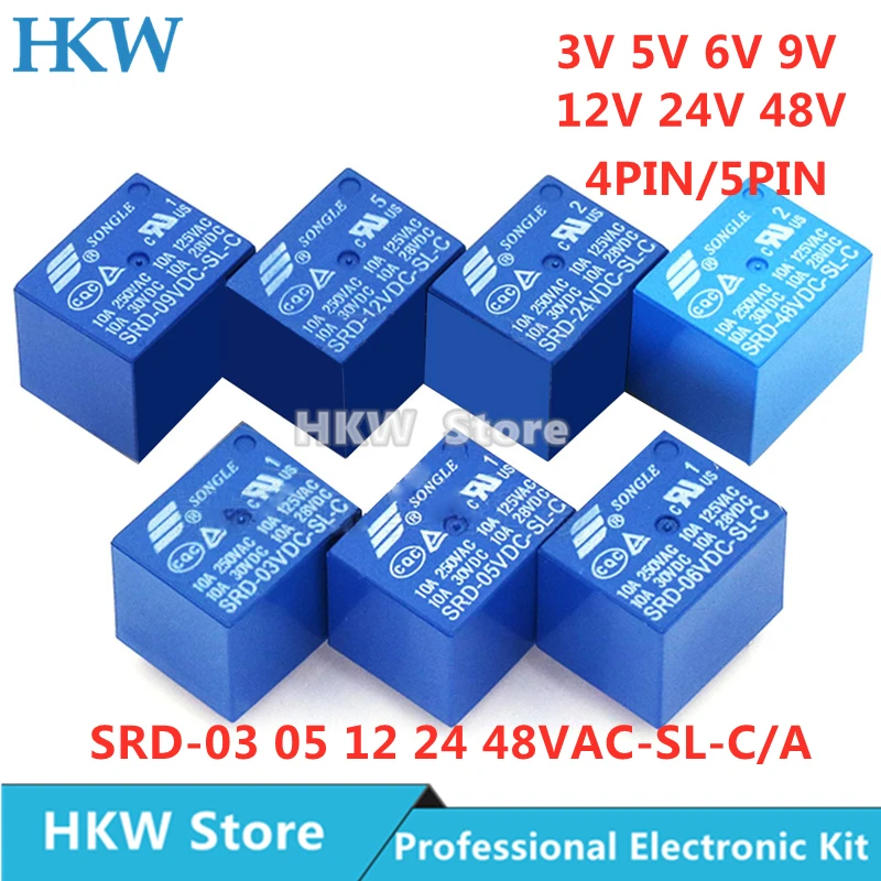 10db Lovat vált SRD-05VDC-SL-C SRD-24VDC-SL-C SRD-12VDC-SL-C SRD-12VDC-SL-A 3V 5V 12V 24V 48V 10A 250VAC 5PIN 4PIN relays relais