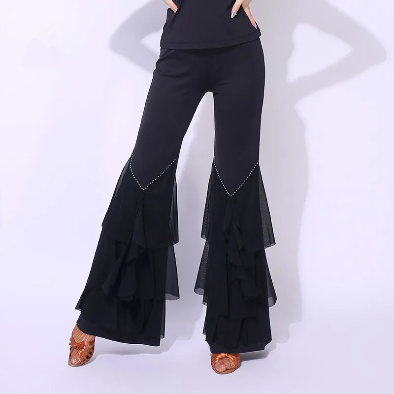 Pantalon de danse latine pour femme, noir, évasé, mode, fjLady, Cha Cha, Samba, Tango, Salsa, vêtements de salle de Rh, pratique, pantalon long