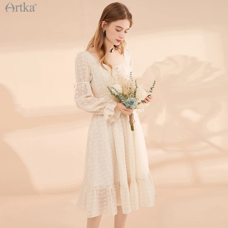 ARTKA 2021 Early Autumn New French Square Collar Embroidery Chiffon Dresses Long Puff Sleeve Ruffle Midi Dress Women LA22012Q