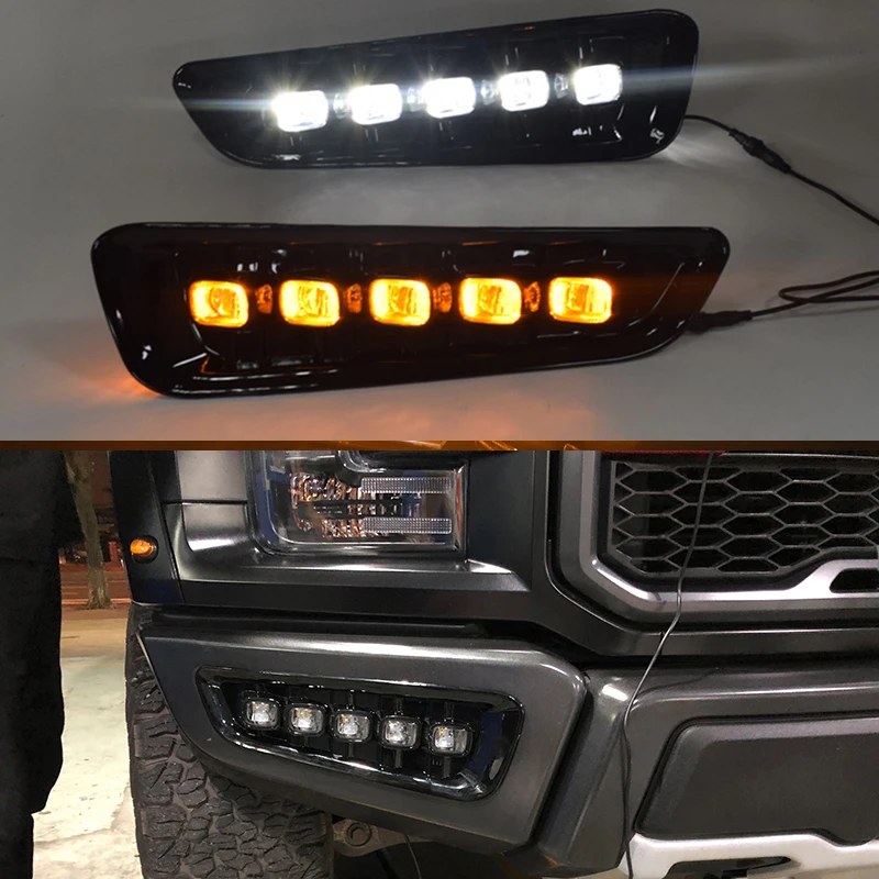 2 Pieces LED Daytime Running Lights Turn Signal Yellow DRL 12V Fog Lamp Waterproof for Ford Raptor svt F-150 F150 2016 2017 2018