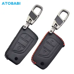 Leather Car Key Case 2 Button Folding Keychain Holder Remote Control Fobs Protector Cover For Toyota Aygo Hilux Auris Yaris 2018