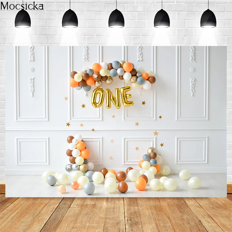 

Mocsicka 1st Birthday Party Photography Background Balloon Stars White Wall Decoration Props Baby Shower Photo Backdrop Studio