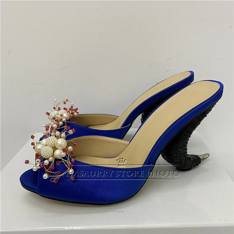 Beaded Rhinestone Flower Sandals Women Sexy Horn-Shaped Strange Heel Luxury Satin Slingbacks Mules Summer