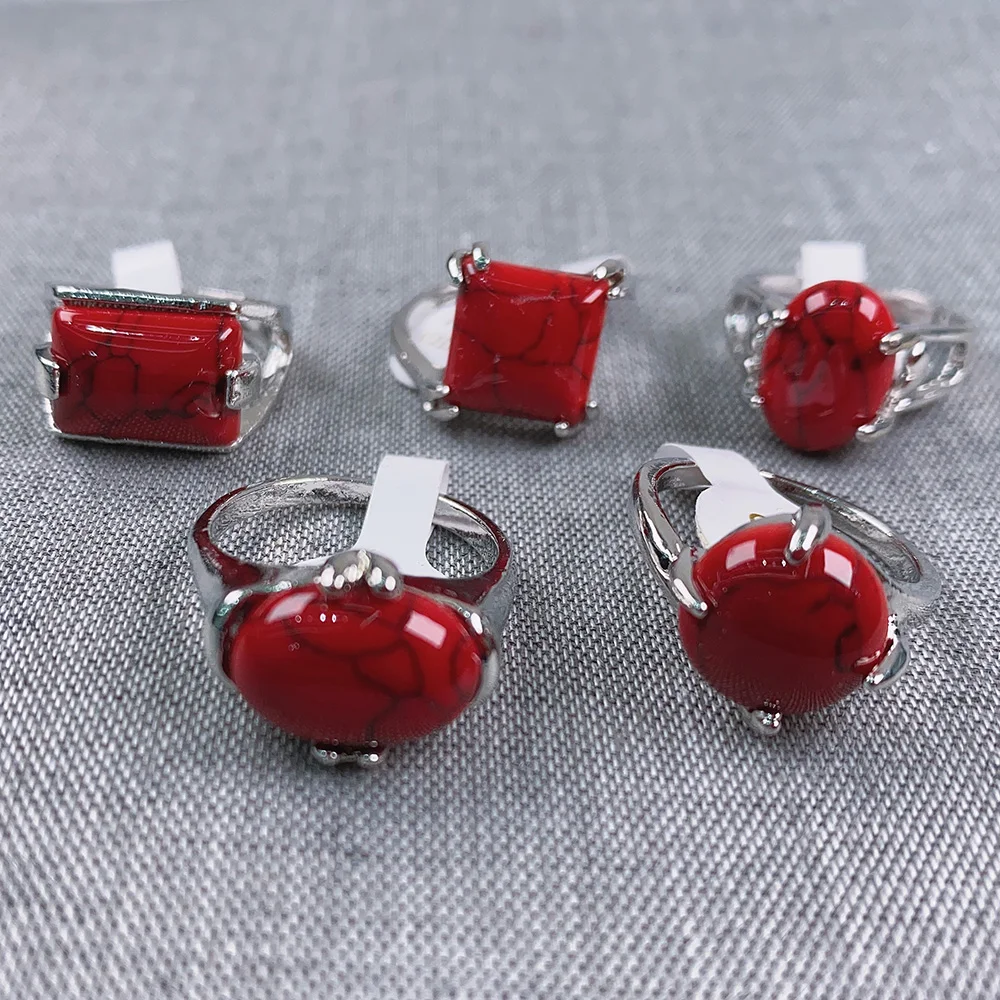 Mixed Bohemia Style Natural Red Turquoises Stone Rings Fashion Finger Rings Jewelry for Women 20pcs