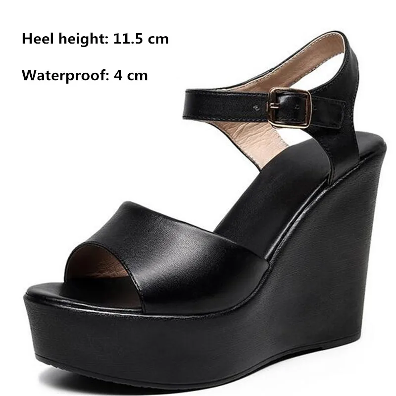 2024 New Black White Fish Mouth Genuine Leather Sandals Wedges Platform High Heeled Sandals 6 / 8 / 11 Cm Big Size Women Sandals