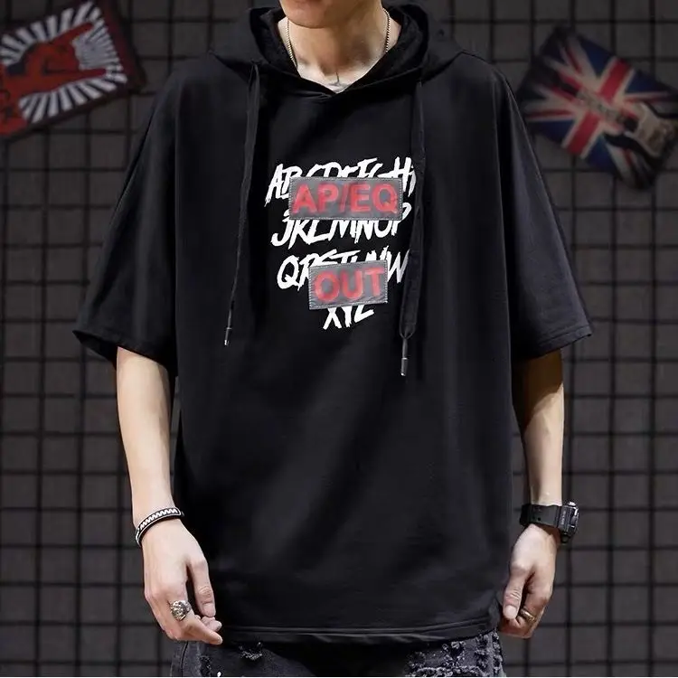 2024 hooded short sleeve men's fashion street style Hoodie Korean men's casual half sleeve fashion T-shirt