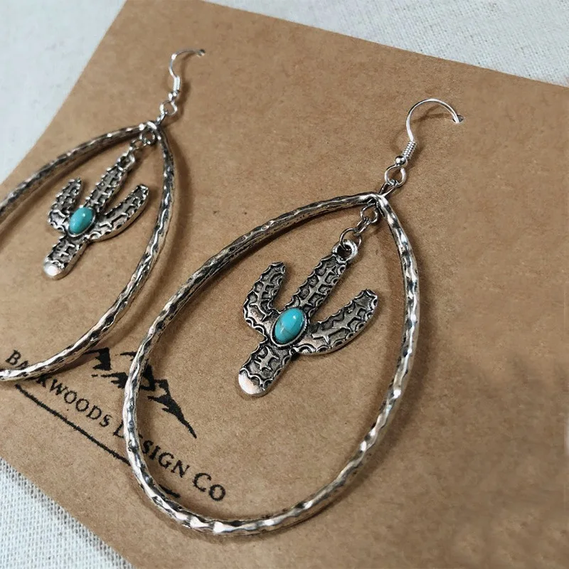 2021 Wholesale New Retro Water Drop-shaped Hollow Earrings Cactus Turquoise Earrings for Women Girl Gift