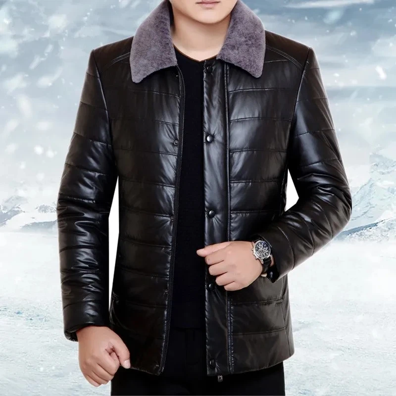 

Cotton-Padded Leather Jacket Men Turndown Collar Thicken Winter Chamarras Para Hombre Business Casual Jaqueta Masculina Inverno