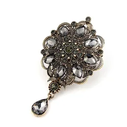 Sunspicems Vintage Indain Bohemia Gray Crystal Brooch Pendant For Women Morocco Algeria Flower Banquet Wedding Jewelry Gift