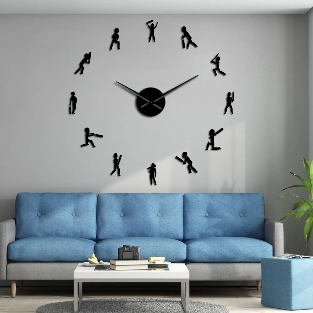 Cricket Player Sportsman Silhouette DIY Giant Wall Clock Sport Boys Teen Room Decor Cricketer Silent Movement Large Wall Watch