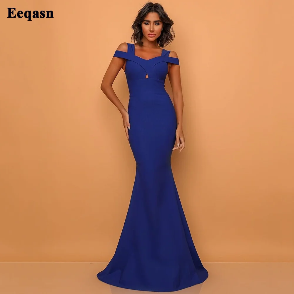 Eeqasn – robe de soirée de forme sirène pour femmes, tenue de soirée en Satin doux, épaules dénudées, longue, de standing, bleu Royal, pour événements spéciaux