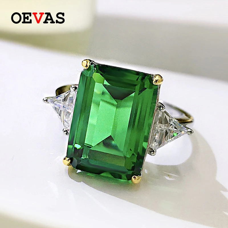 

OEVAS 100% 925 Sterling Silver Sparkling 10*14mm Emerald Cut Green Wedding Ring For Women High Carbon Diamond Fine Jewelry Gifts