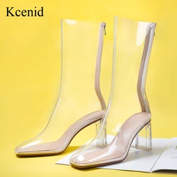 Kcenid Ins Hot Design New Women  Ankle Boots High Quality PVC Shoes Square Toe Crystal Heel Transparent Women Boots High Heels