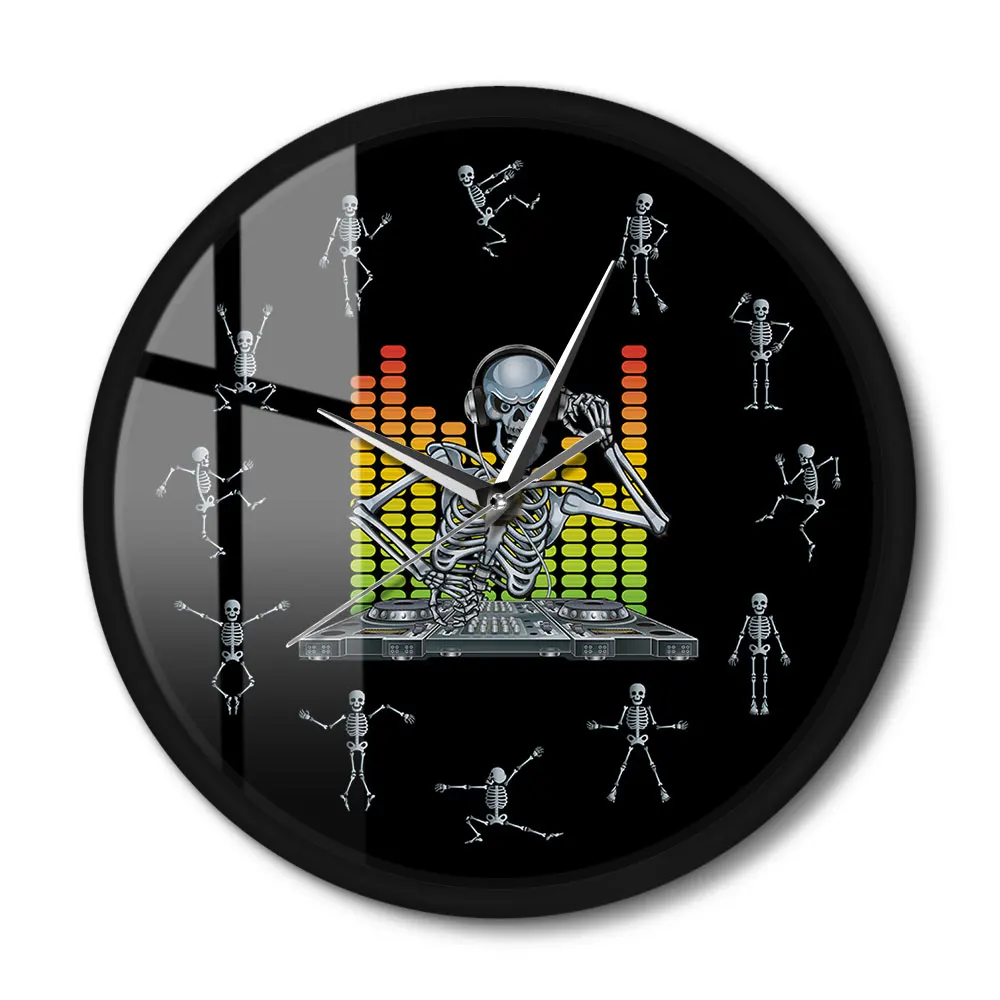 DJ Skull  Mixing Music Party  Sound Activated Wall Clock Funny Dancing Skeleton As Numbers Halloween Night Light