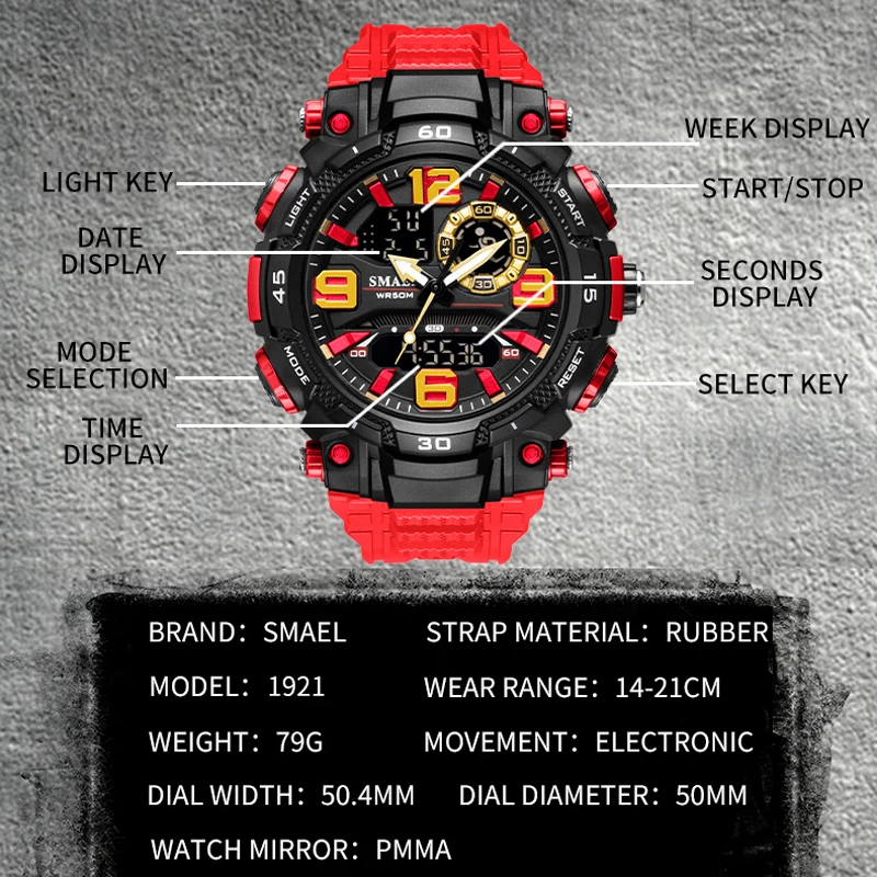 SMAEL Digital Quartz Watch for Men Sport Electronic Waterproof Dual Time Men\'s Military Watches Shock Resistant Alarm Clock