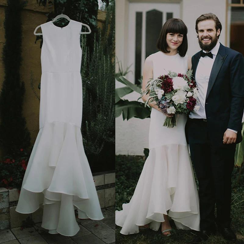 Vestido de novia de sirena sin mangas, ropa de boda de satén con volantes, Organza, blanco, marfil, 2020