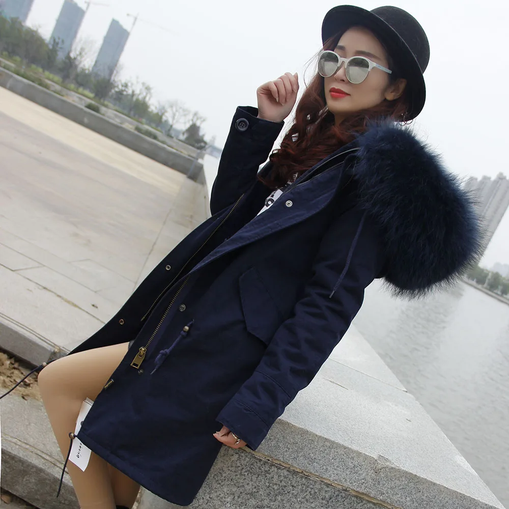 2020 winter new style Qiansongyi same fur navy blue oversized fur collar mid-length coat pie overcoming coat women