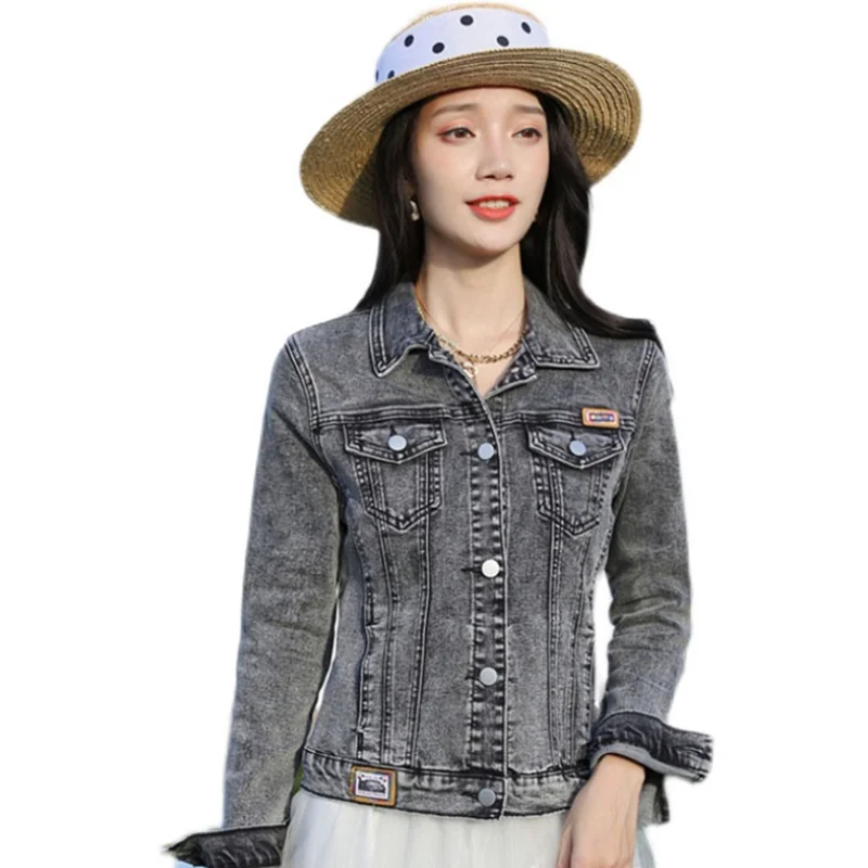 Stretch denim jacket women's new retro gray black long-sleeved jacket short top